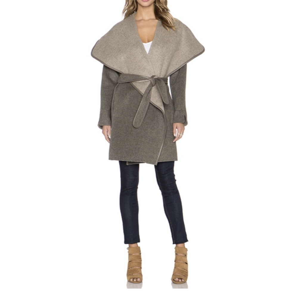 Vince Purple Leather Trim Drape Front Coat